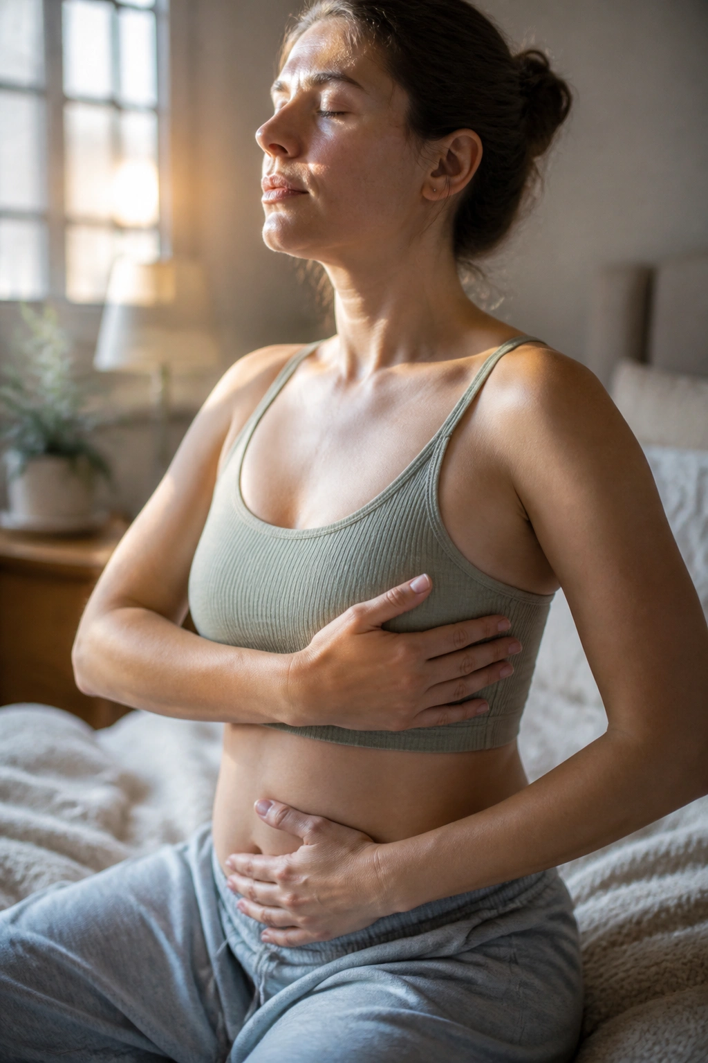 Close-up of a person practicing diaphragmatic breathing with hand on ribs in a sunlit bedroom