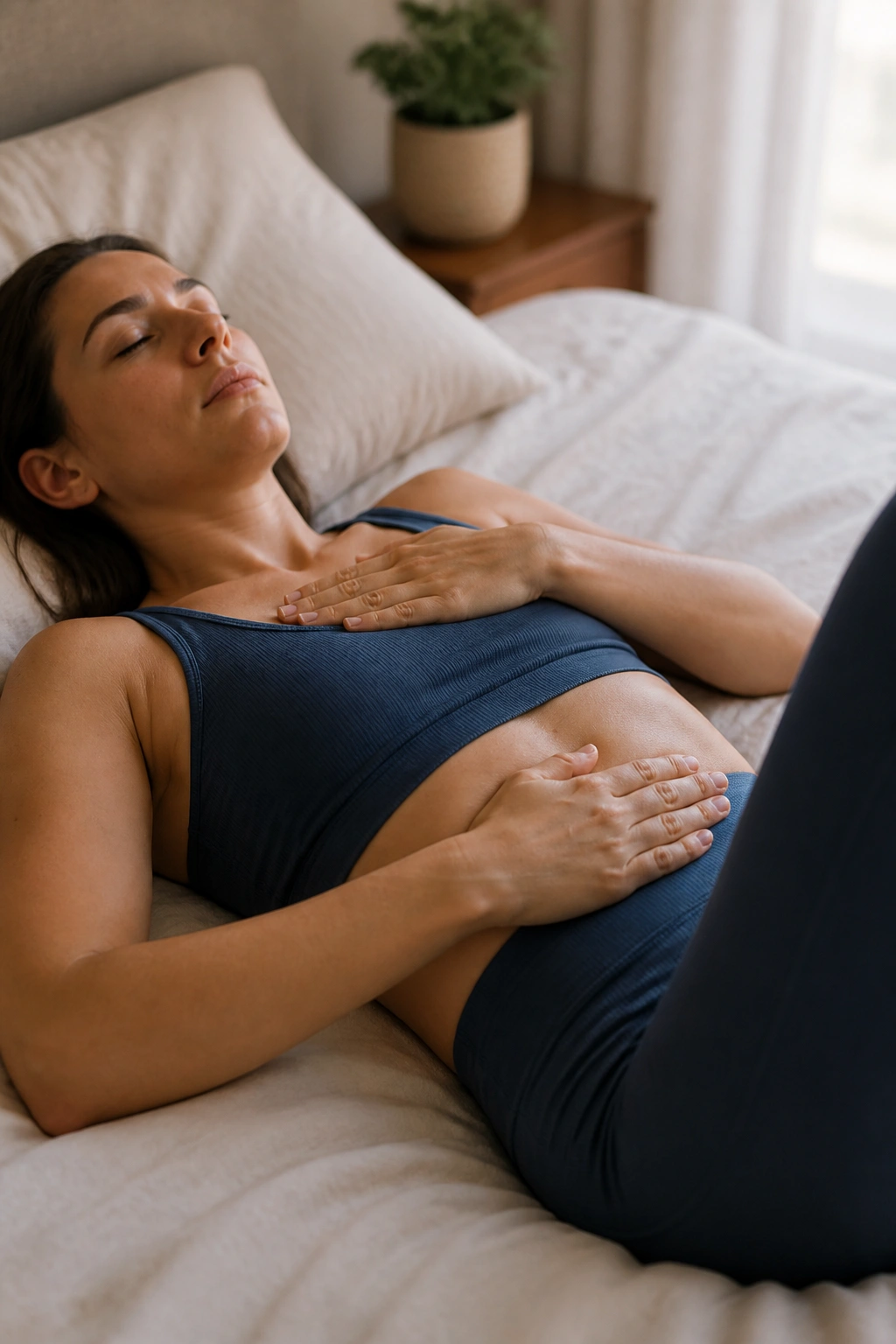 Close-up of person practicing diaphragmatic breathing with pelvic floor release on a bed