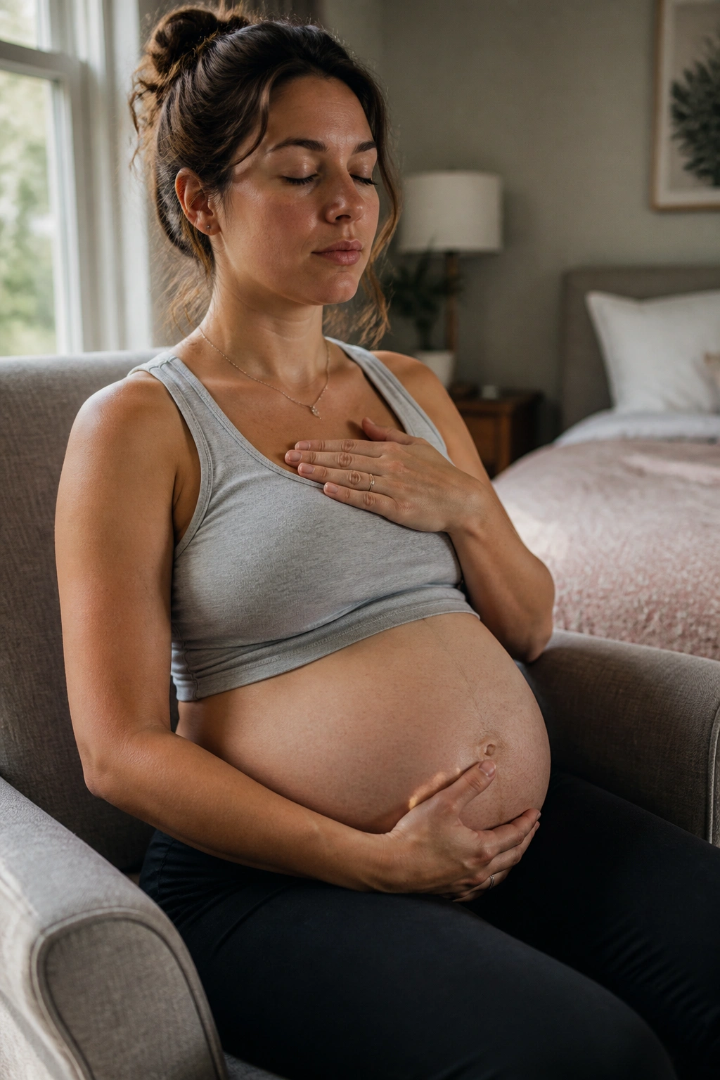 Pregnant woman performing diaphragmatic breathing to drop pelvic floor in a cozy bedroom