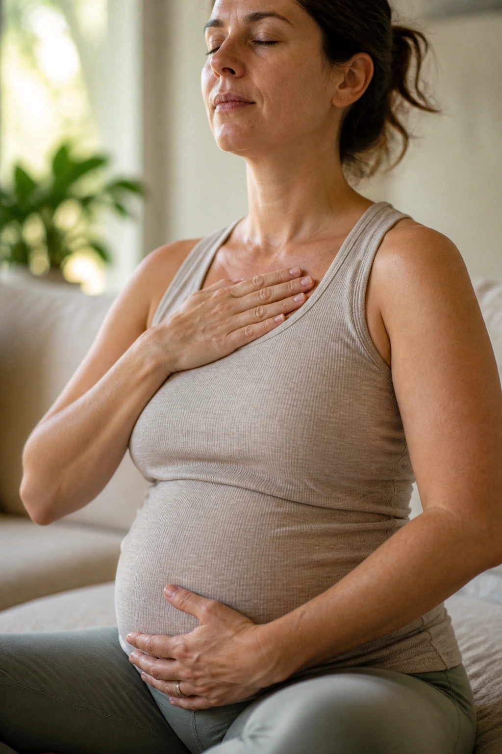 Close-up of a real person practicing deep diaphragmatic breathing at home with hands on chest and belly