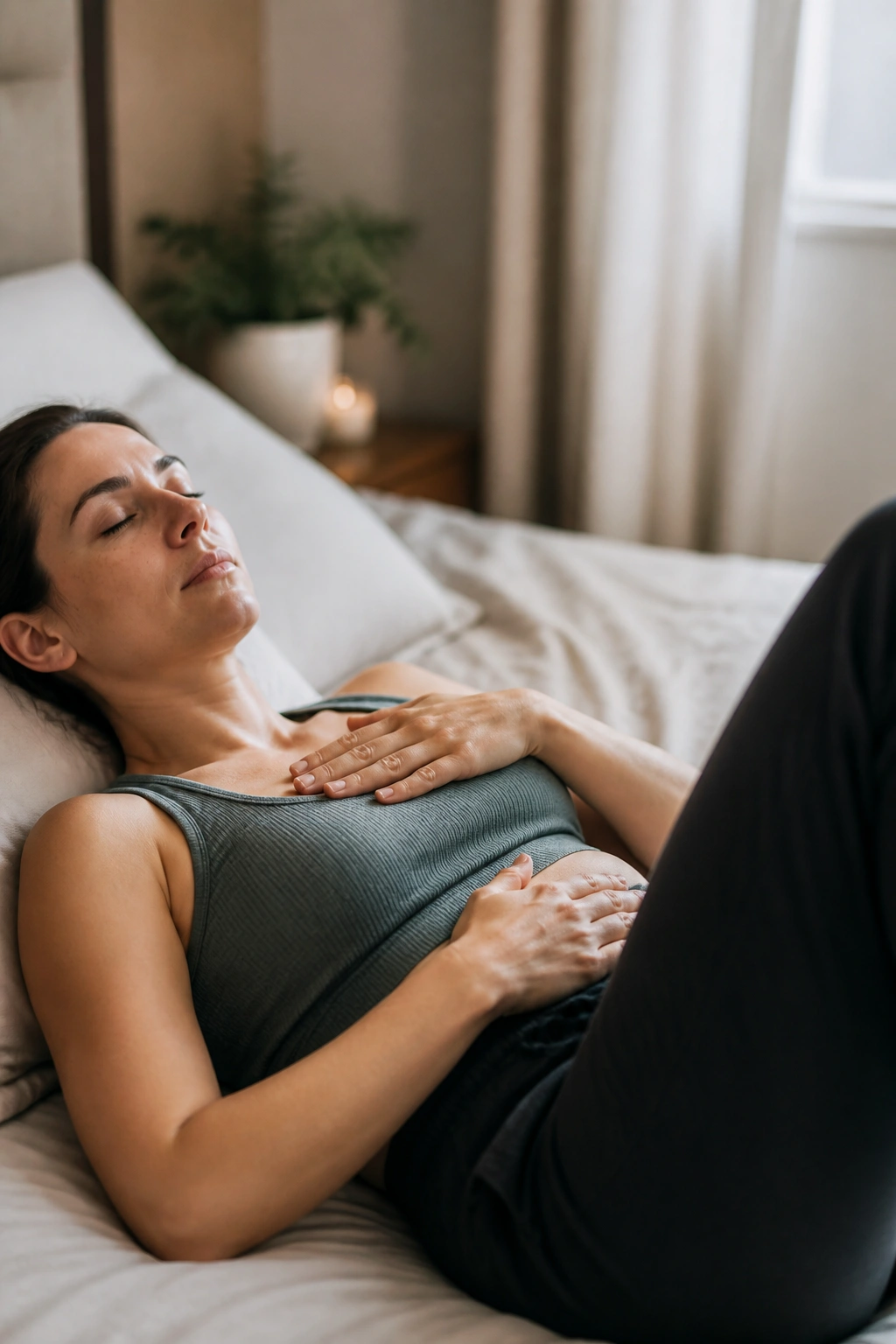 Person practicing diaphragmatic breathing with hands on chest and belly to reset tension.