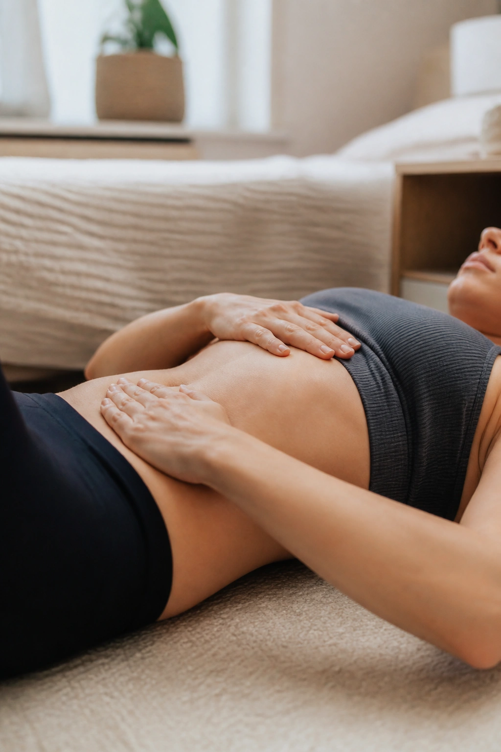 Close-up of torso practicing 360-degree breathing for diastasis recti in a cozy bedroom