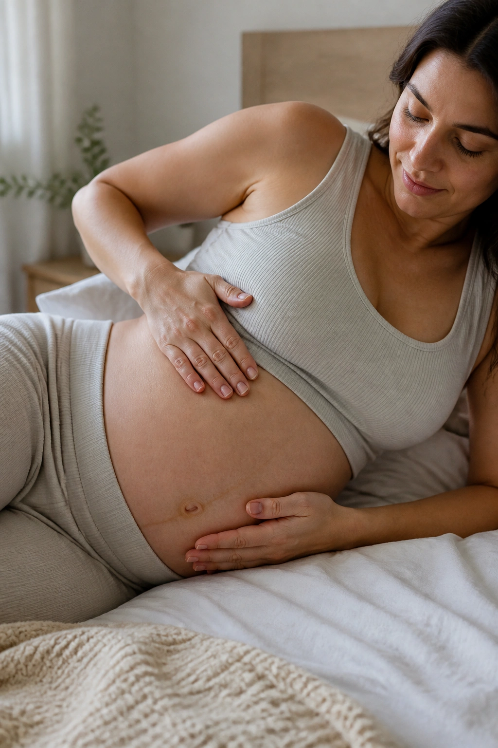 Close up of pregnant woman practicing diaphragmatic breathing with hands on ribs and belly