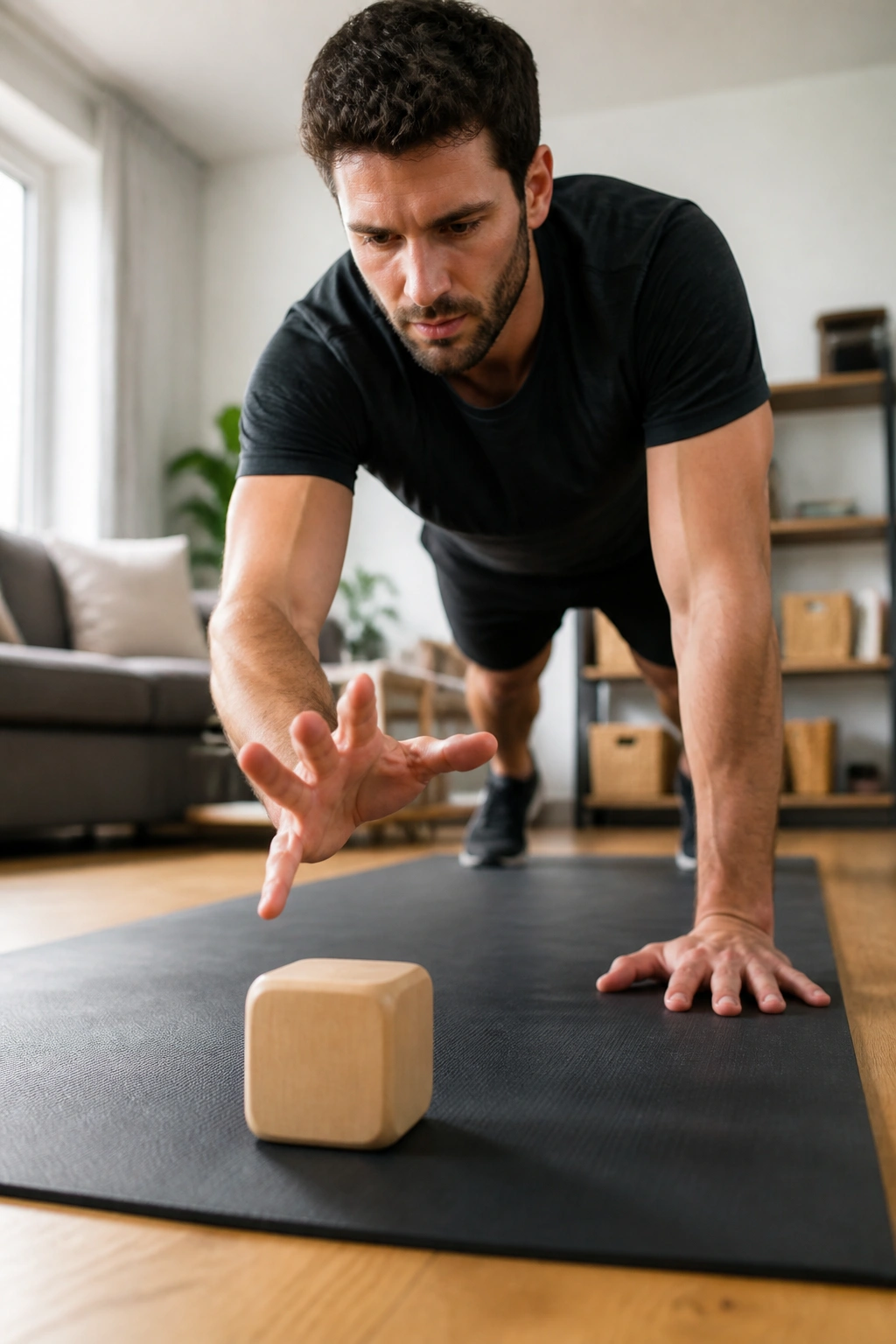 Person performing a bodyweight move with a die in the foreground (no visible pips)