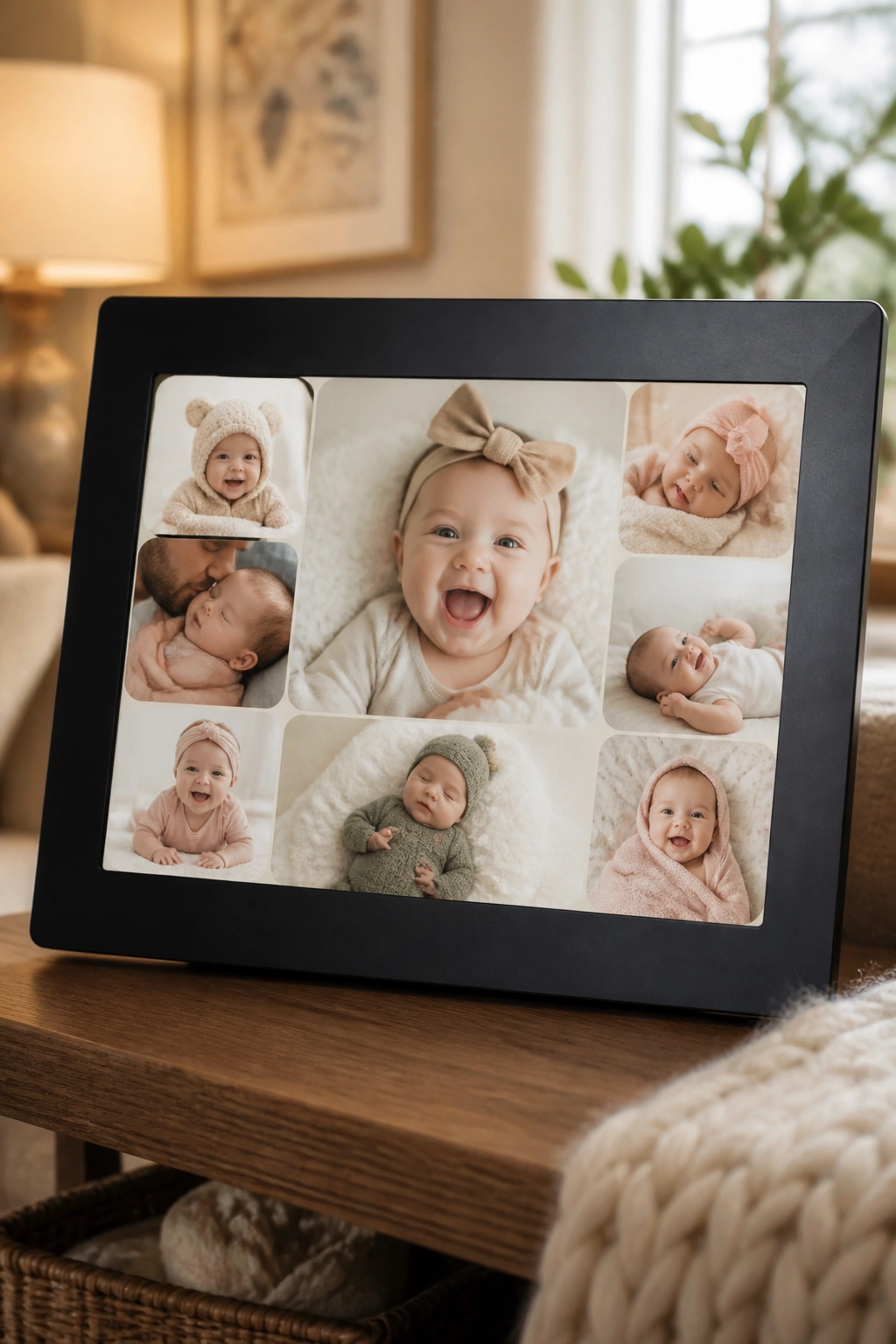 Digital photo frame displaying baby photos on a shelf