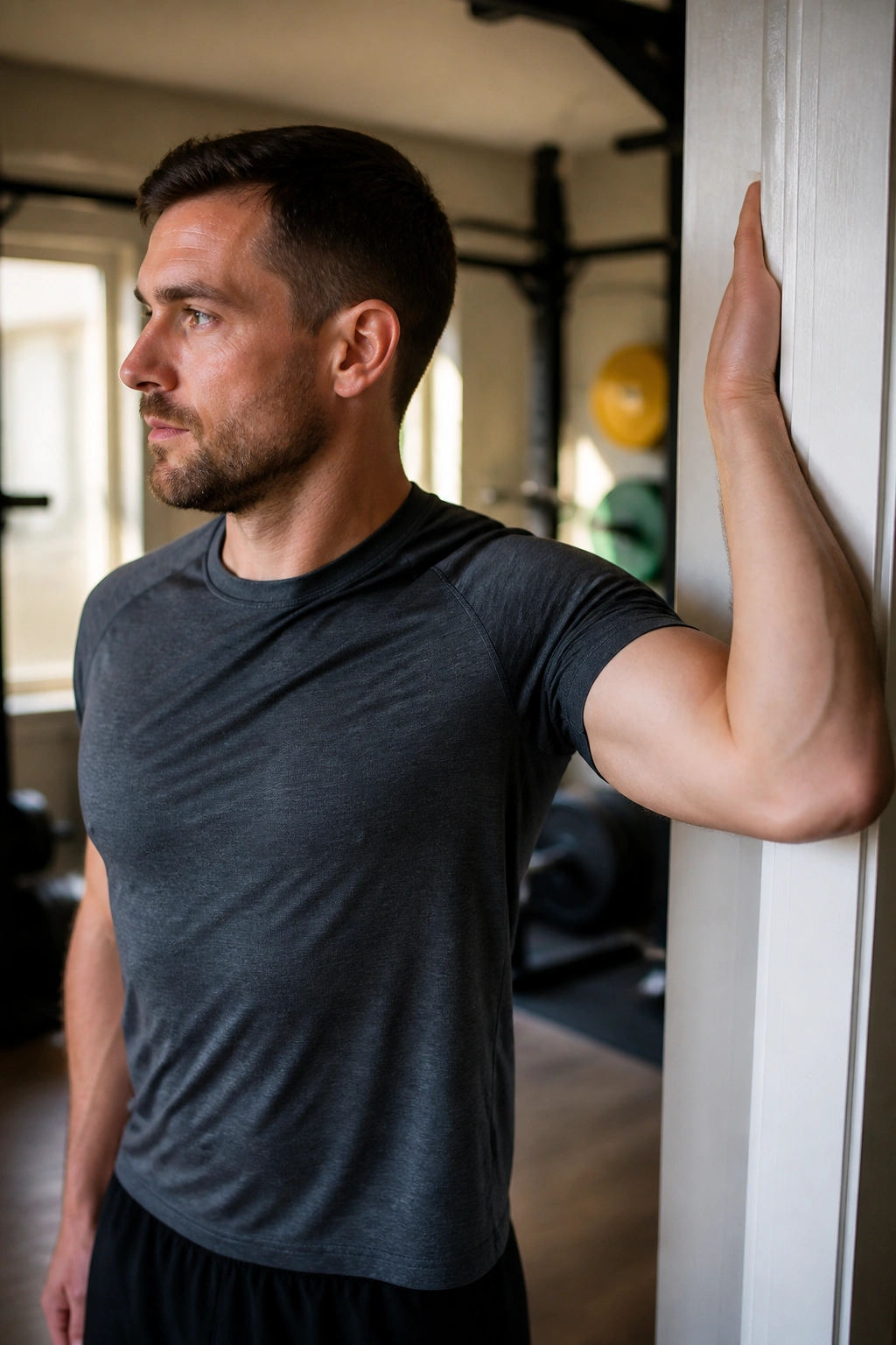 Close-up of a person performing a doorway chest opener to release upper-body tension.