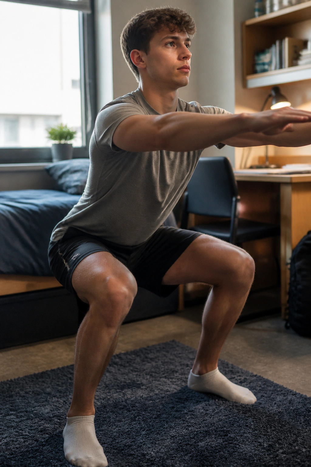 Close-up of a student performing a squat in a small dorm room with bed and desk in background.