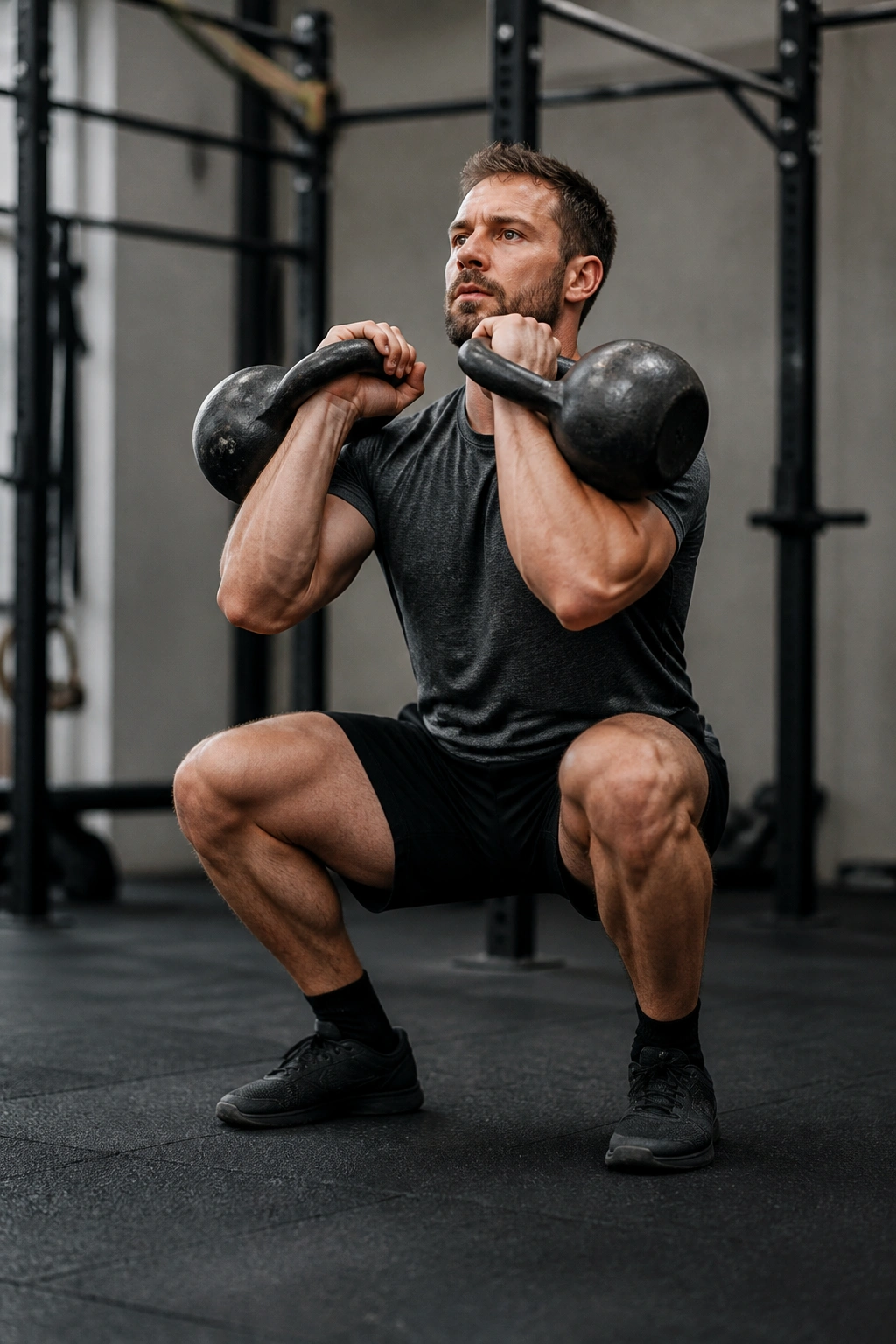 Mid-action shot of lifter performing double kettlebell front squat.