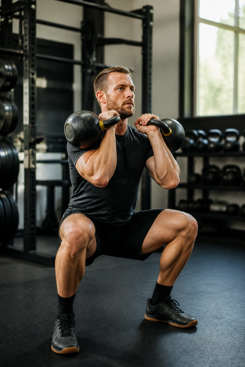 Athlete with two kettlebells performing dead cleans front squats and presses in gym