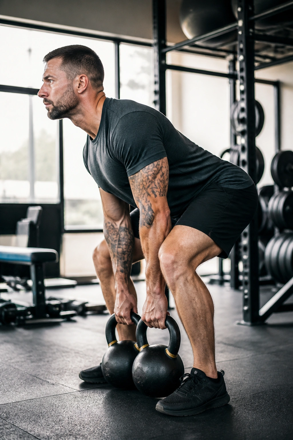 Close-up side view of a lifter performing a double kettlebell deadlift in a gym
