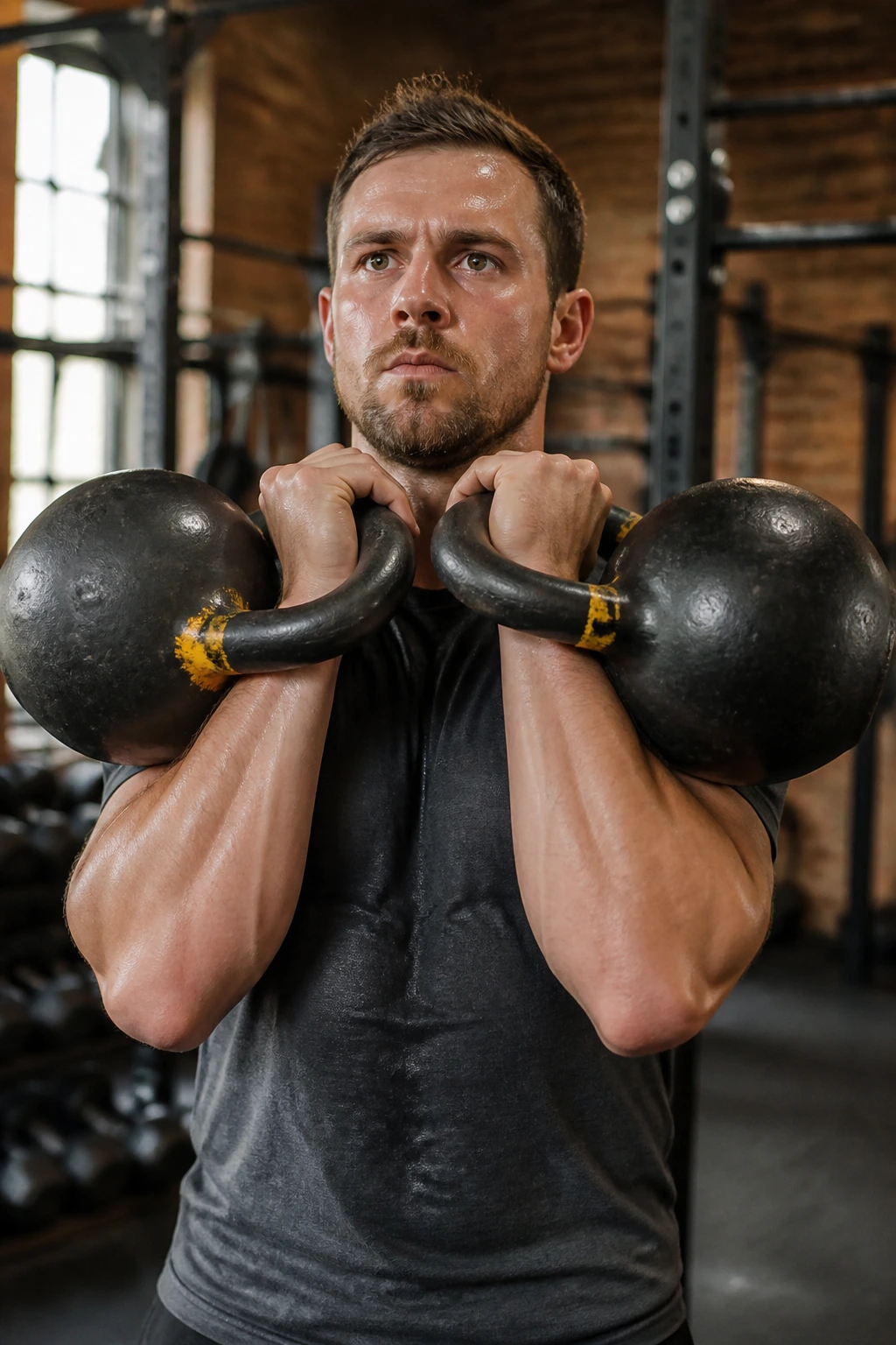 Close-up of a real person front-racking two kettlebells with elbows high in a gym