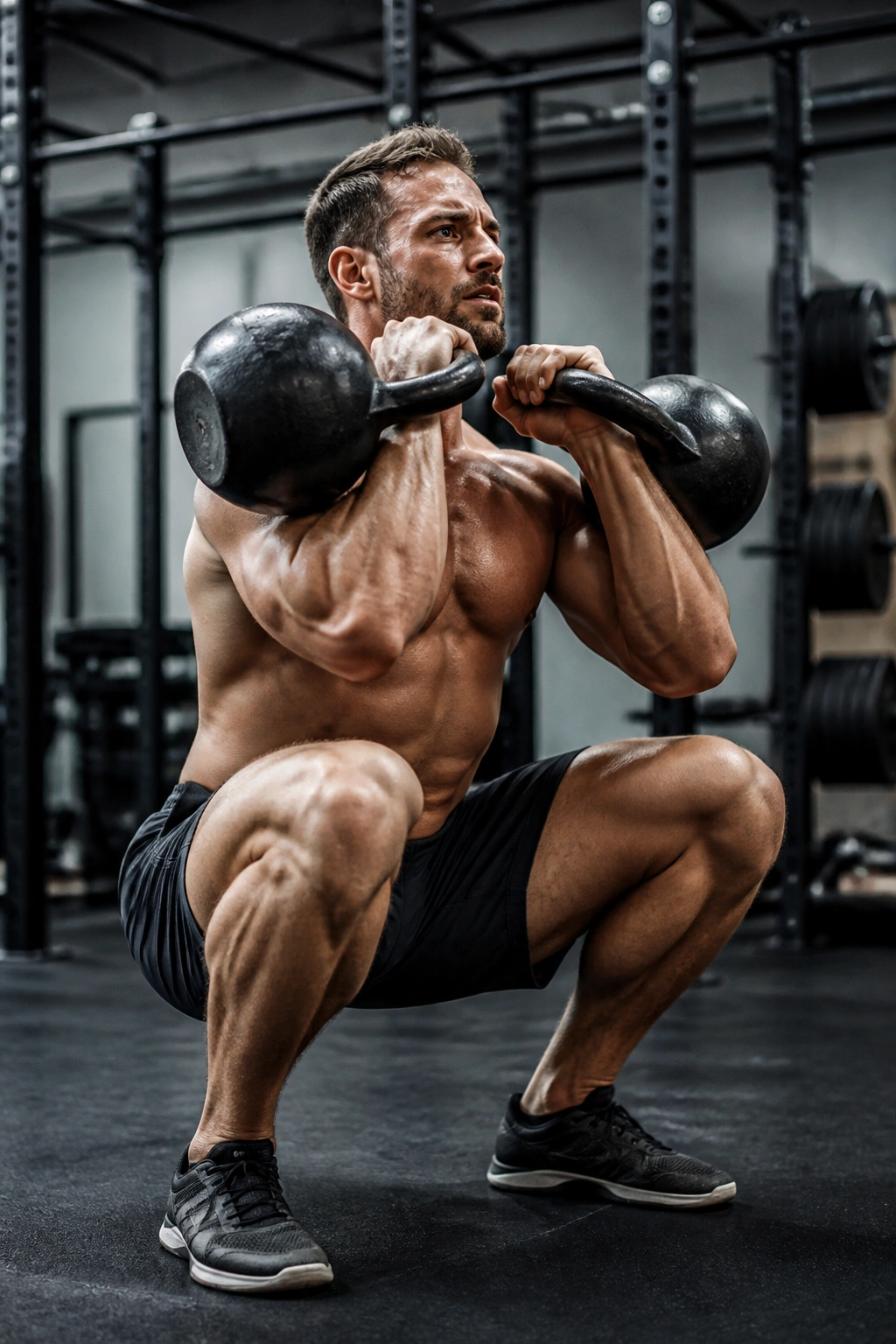 Close-up of athlete performing double kettlebell front squats in a gym, two bells in rack position