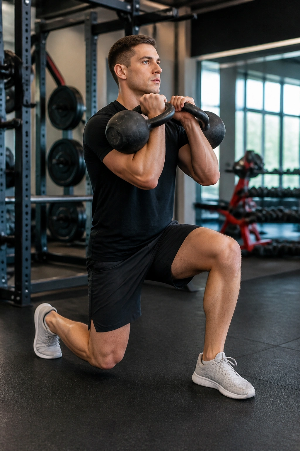 Lifter with two kettlebells in rack position performing a lunge