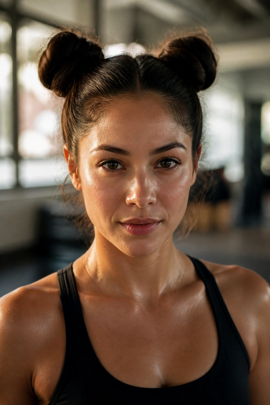 Real person with double space buns in gym