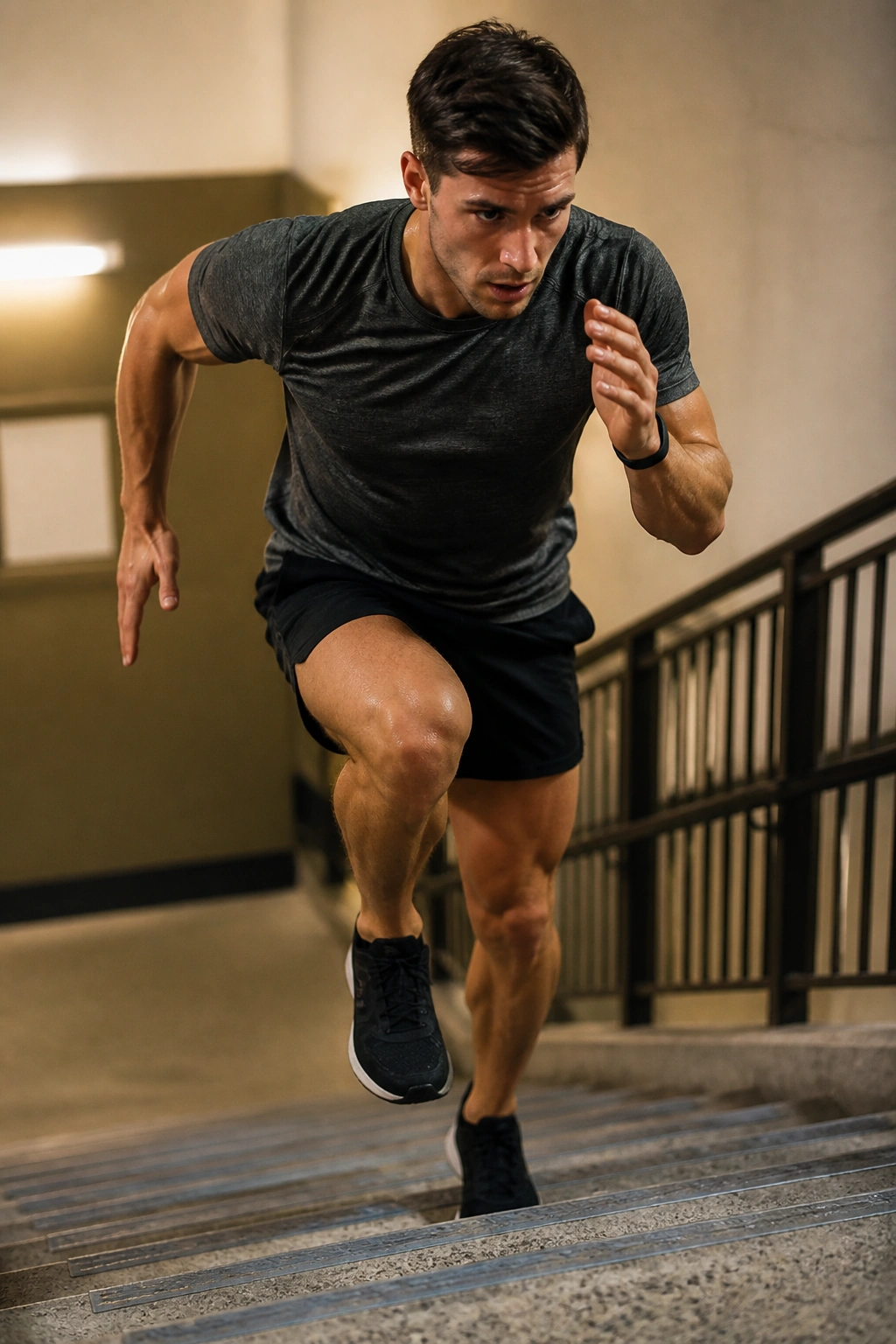 Close-up of athlete performing double-step power climb on stairs