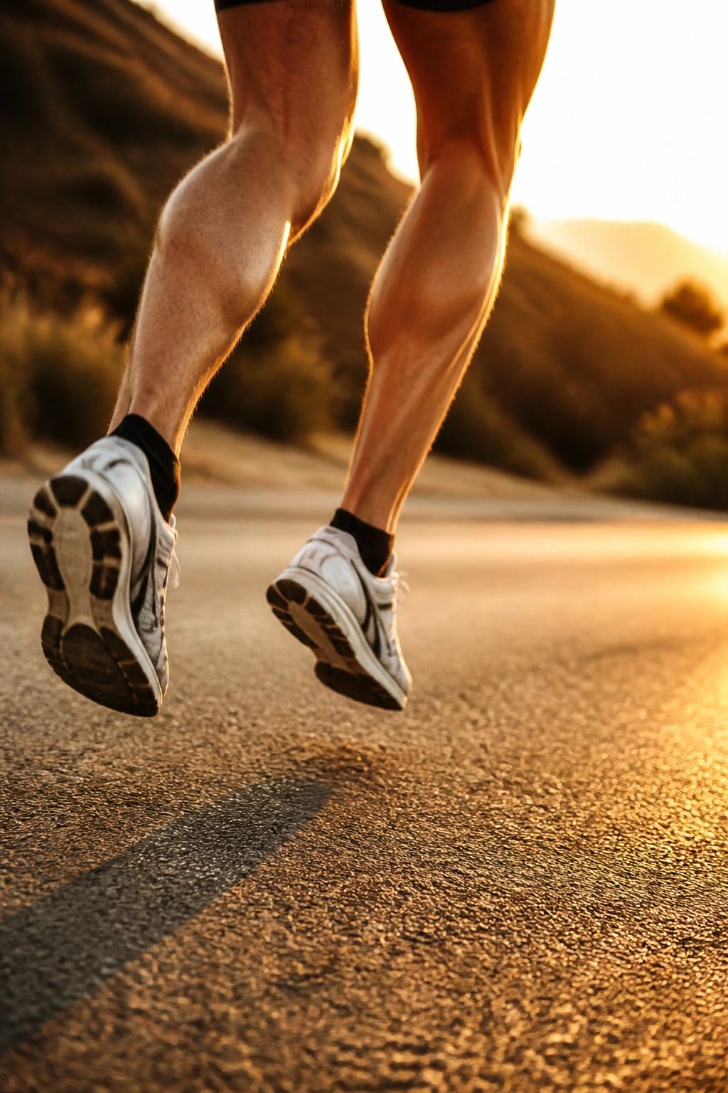 Close-up of a runner's lower legs and feet downhill