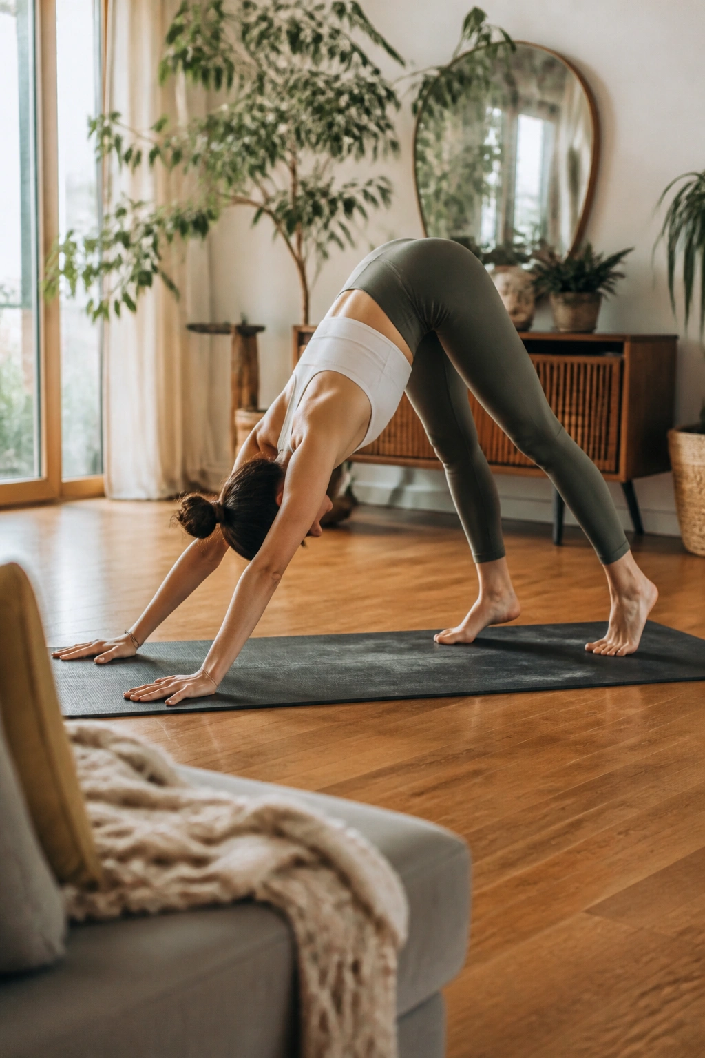 Real person performing downward dog pedal in a warm home yoga space