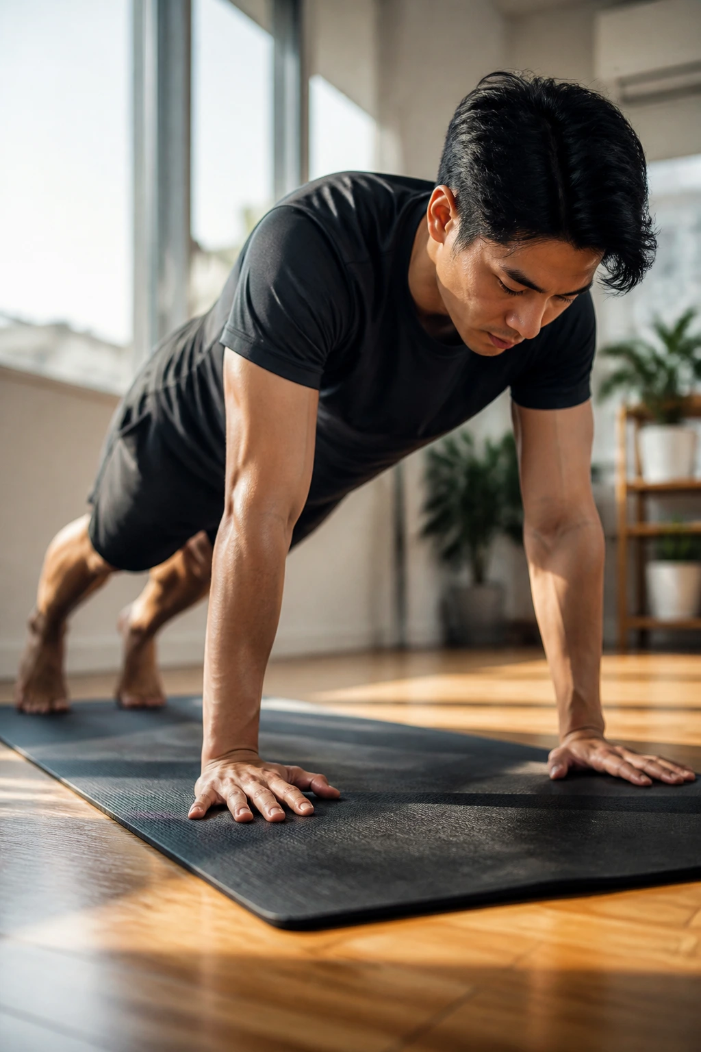Medium-close shot of a person transitioning from downward dog to plank to improve shoulder mobility