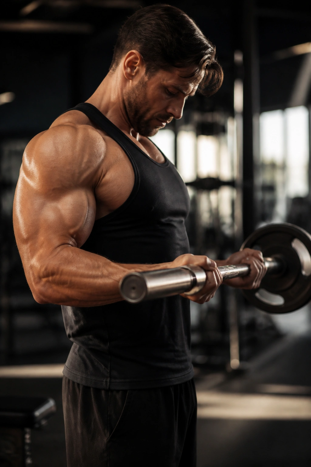 Close-up of a lifter performing Drag Curl with a bar near the torso