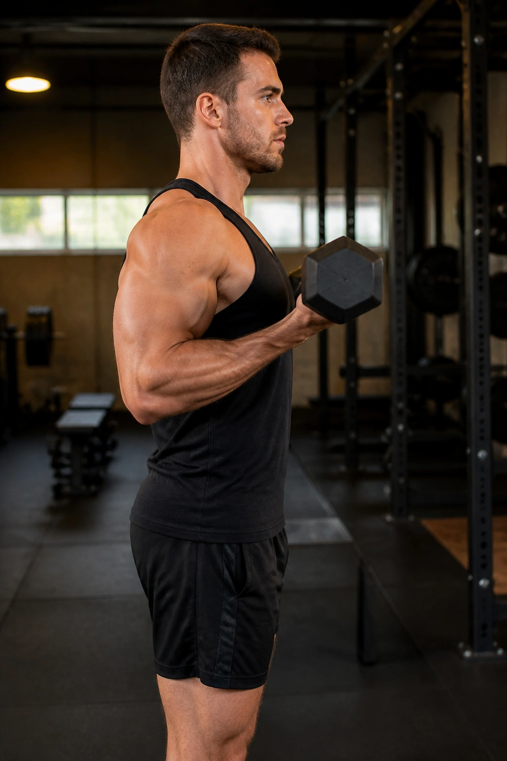 Close-up of drag curl with elbows back and dumbbells held near torso
