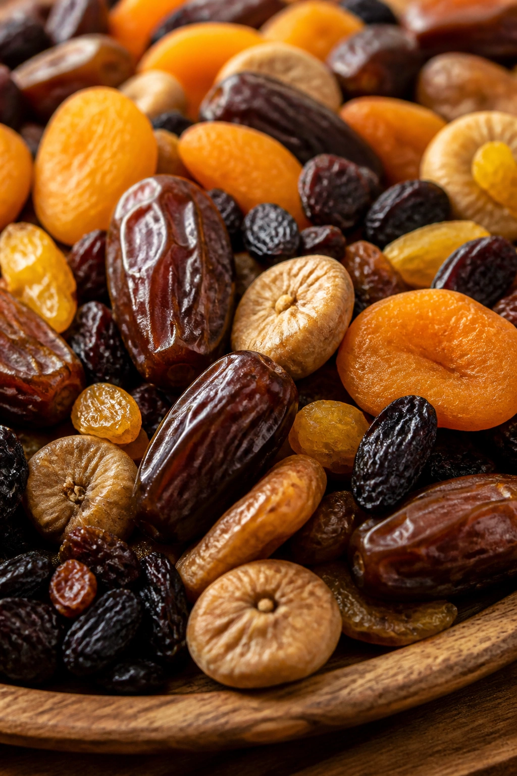 Close-up of mixed dried fruits pile showing raisins, dates, apricots, and figs