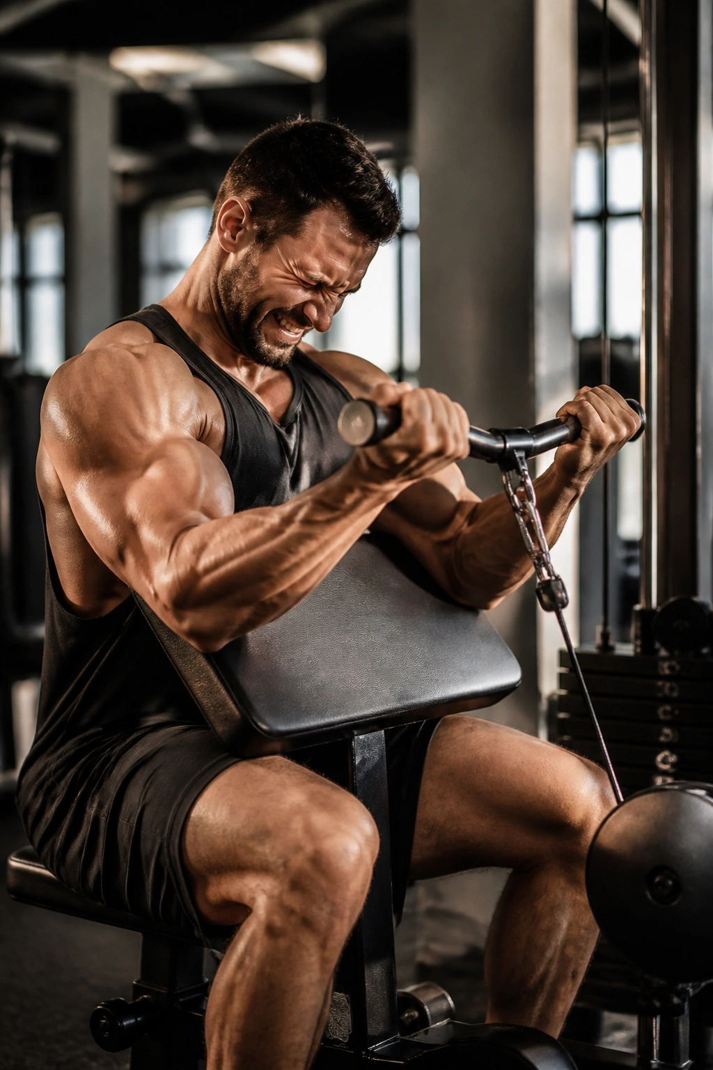 Athlete performing cable curl on a machine with controlled motion in a gym
