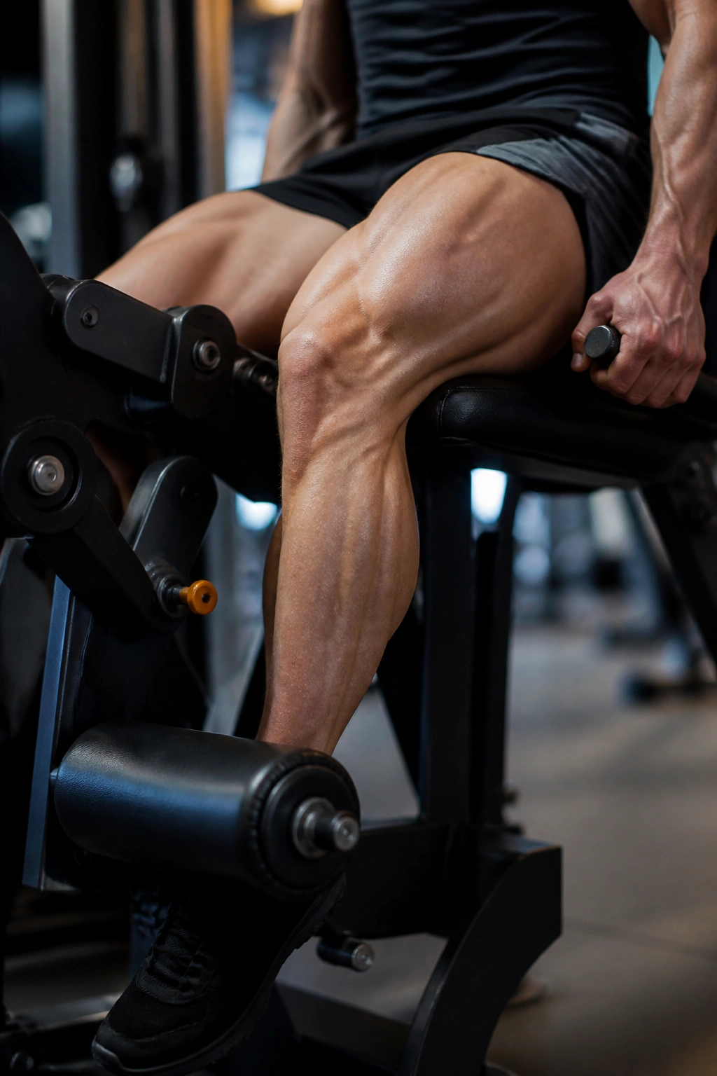 Quad under heavy resistance in leg extension during a drop set