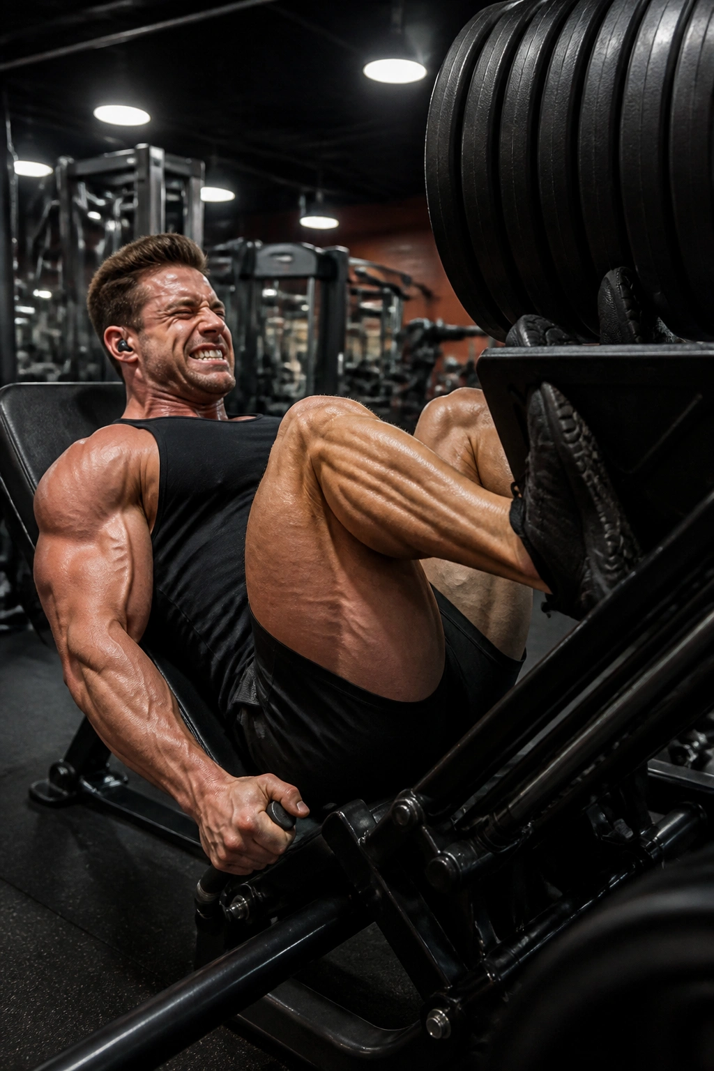Person performing a drop-set on the leg press in a gym