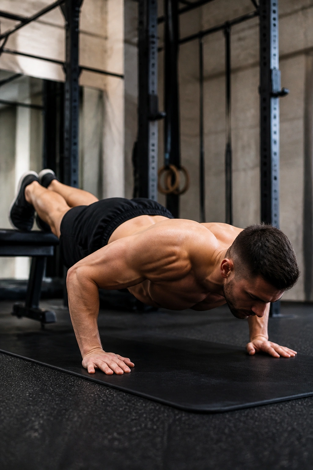 Athlete in decline push-up position as part of a mechanical drop-set sequence