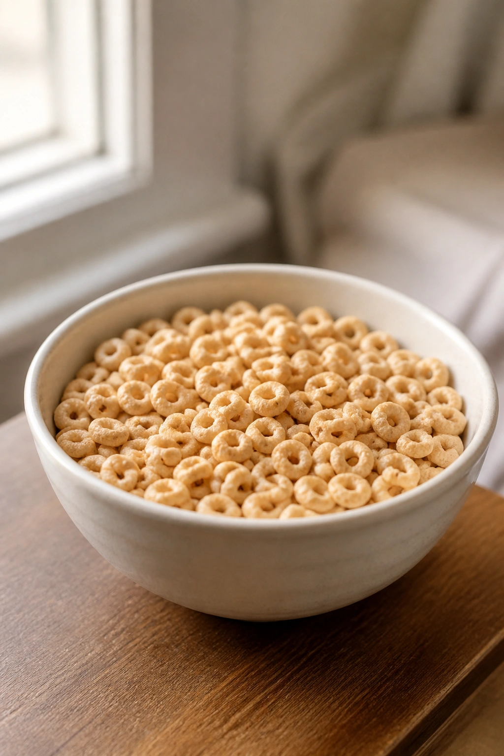 Close-up of dry cereal in a small bowl on a bedside table with morning light.