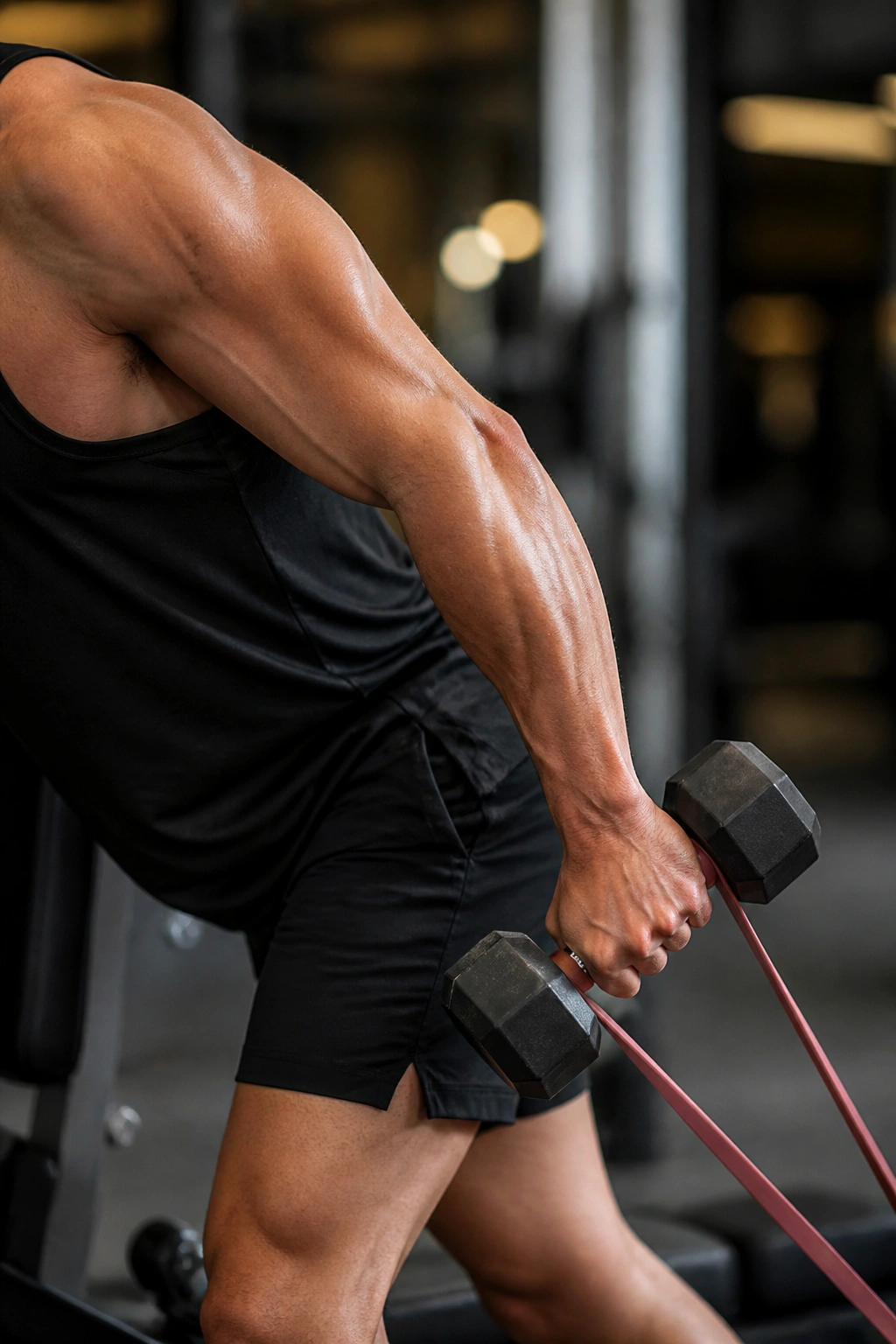 Close-up of arm performing a dumbbell kickback with resistance band in a gym