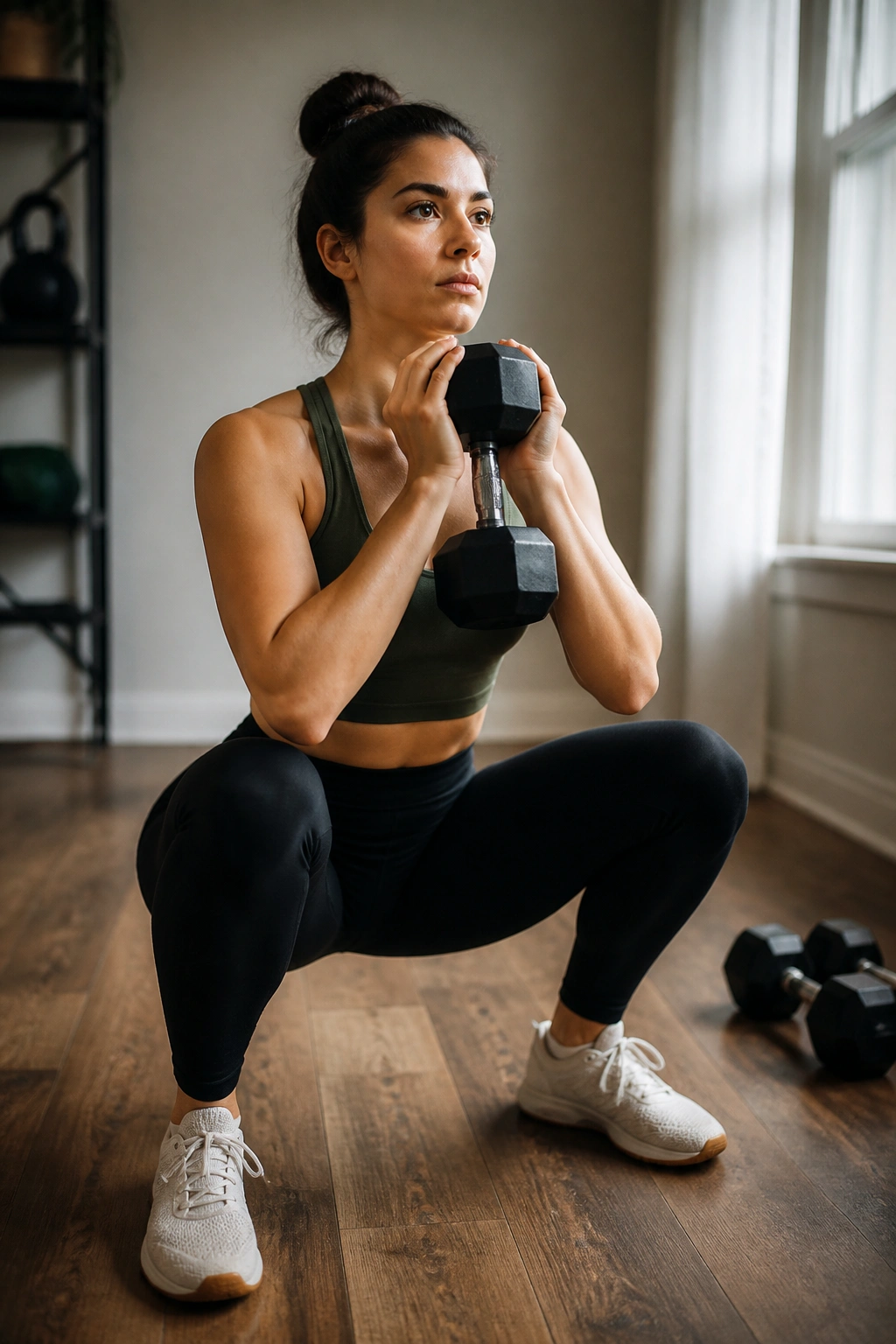 Close-up of a real person performing goblet squat with a dumbbell in a small home gym