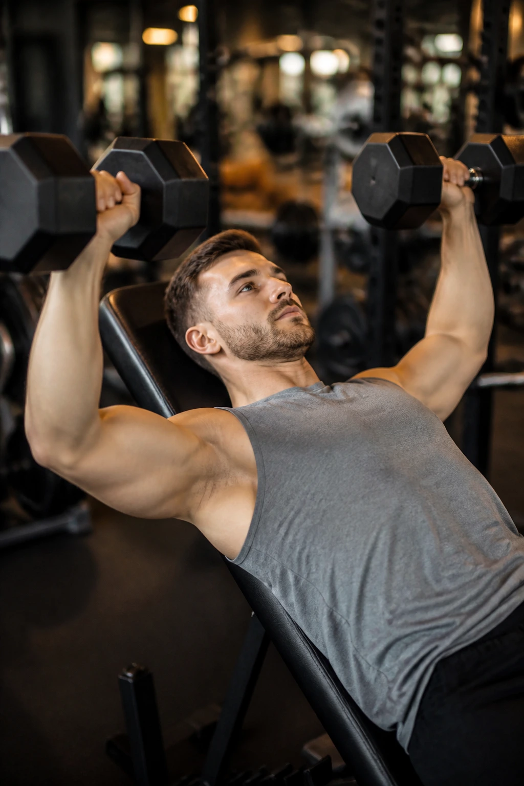 Person performing dumbbell bench press in a gym
