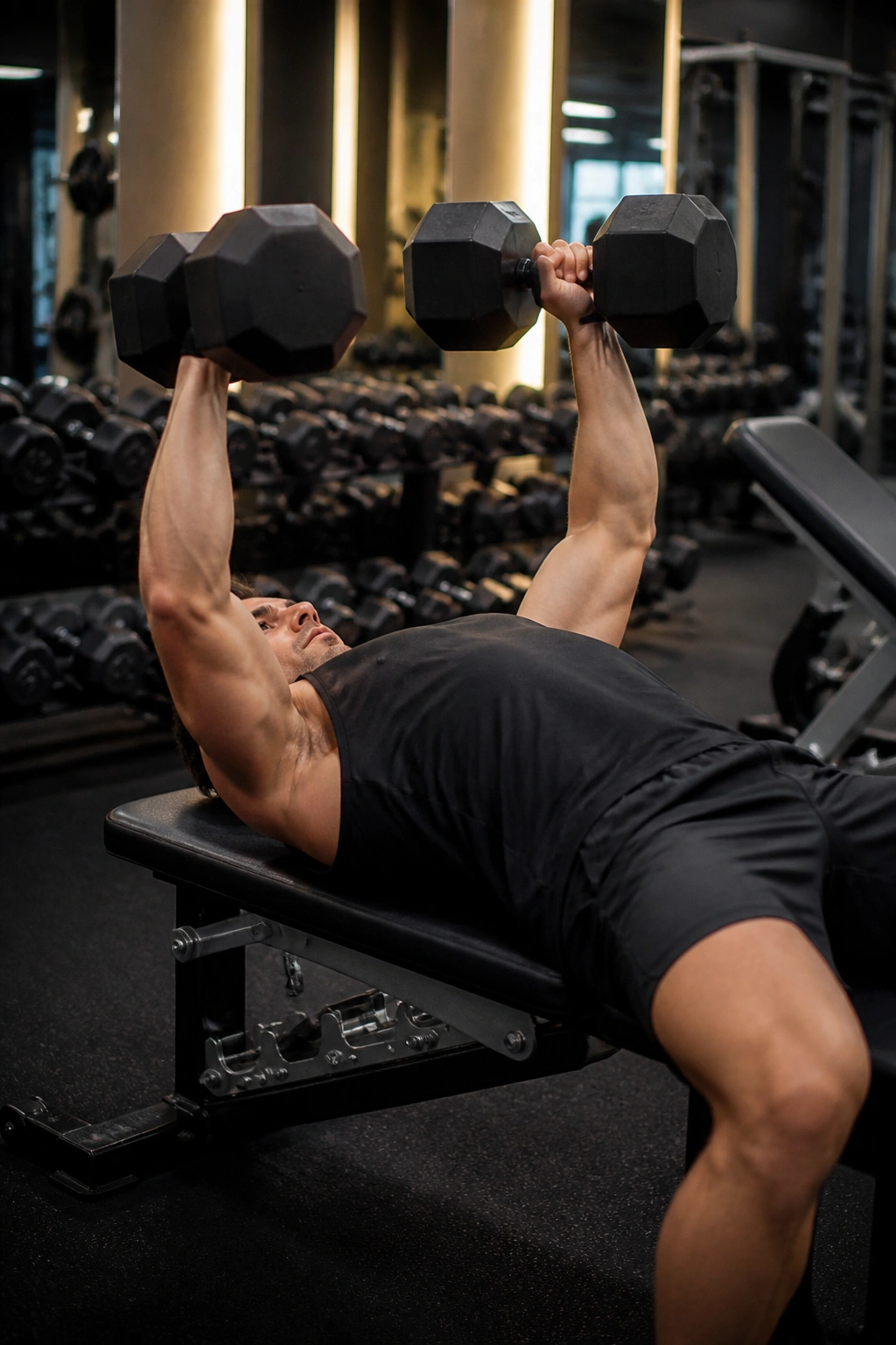 Person performing a dumbbell bench press on a bench in a gym