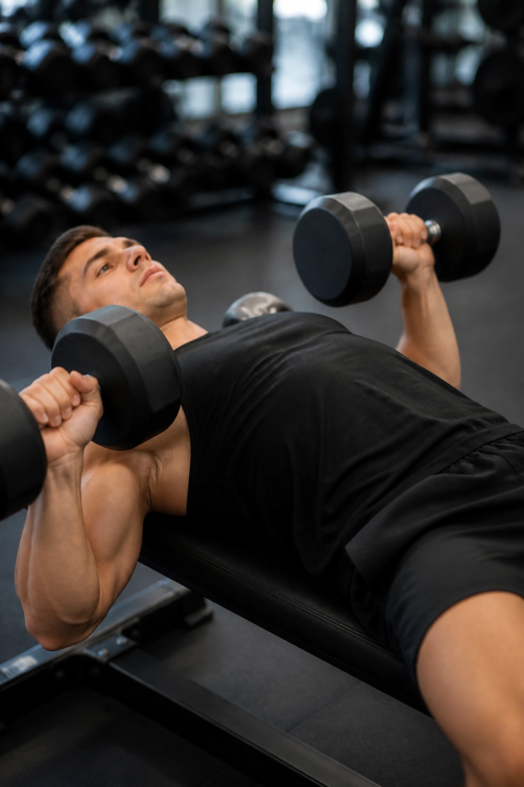 Close up of a real person performing a flat dumbbell bench press in a gym