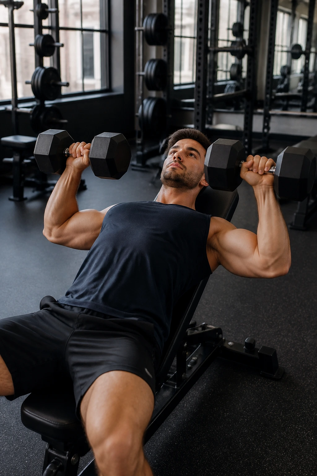 Upper-body shot of a person performing a dumbbell bench press on a bench
