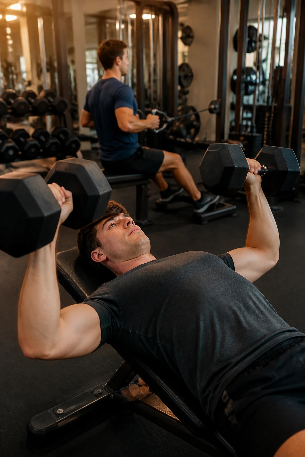 Person performing dumbbell bench press on a gym bench