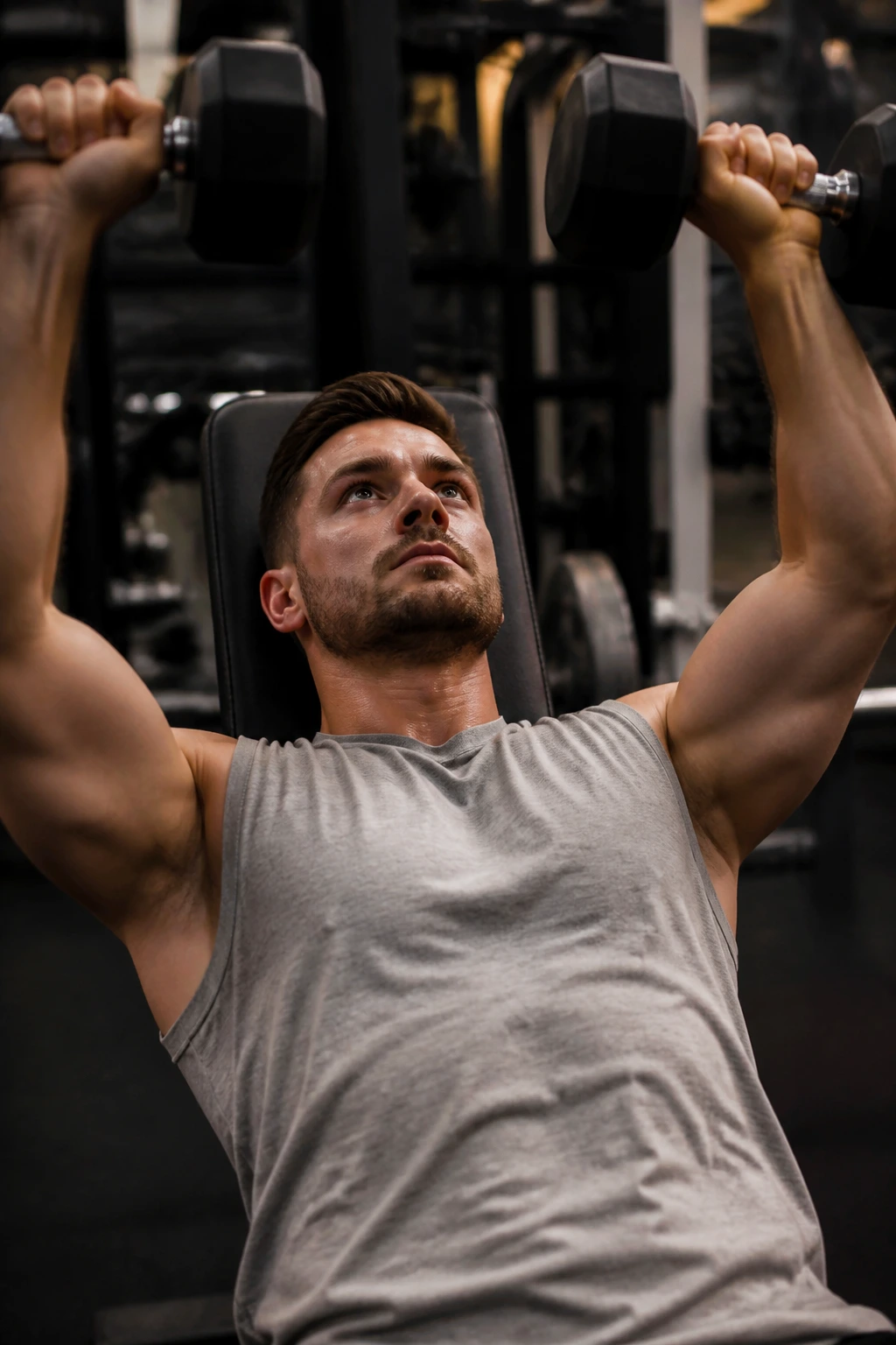 Lifters bench pressing with dumbbells during a double pyramid workout in a gym