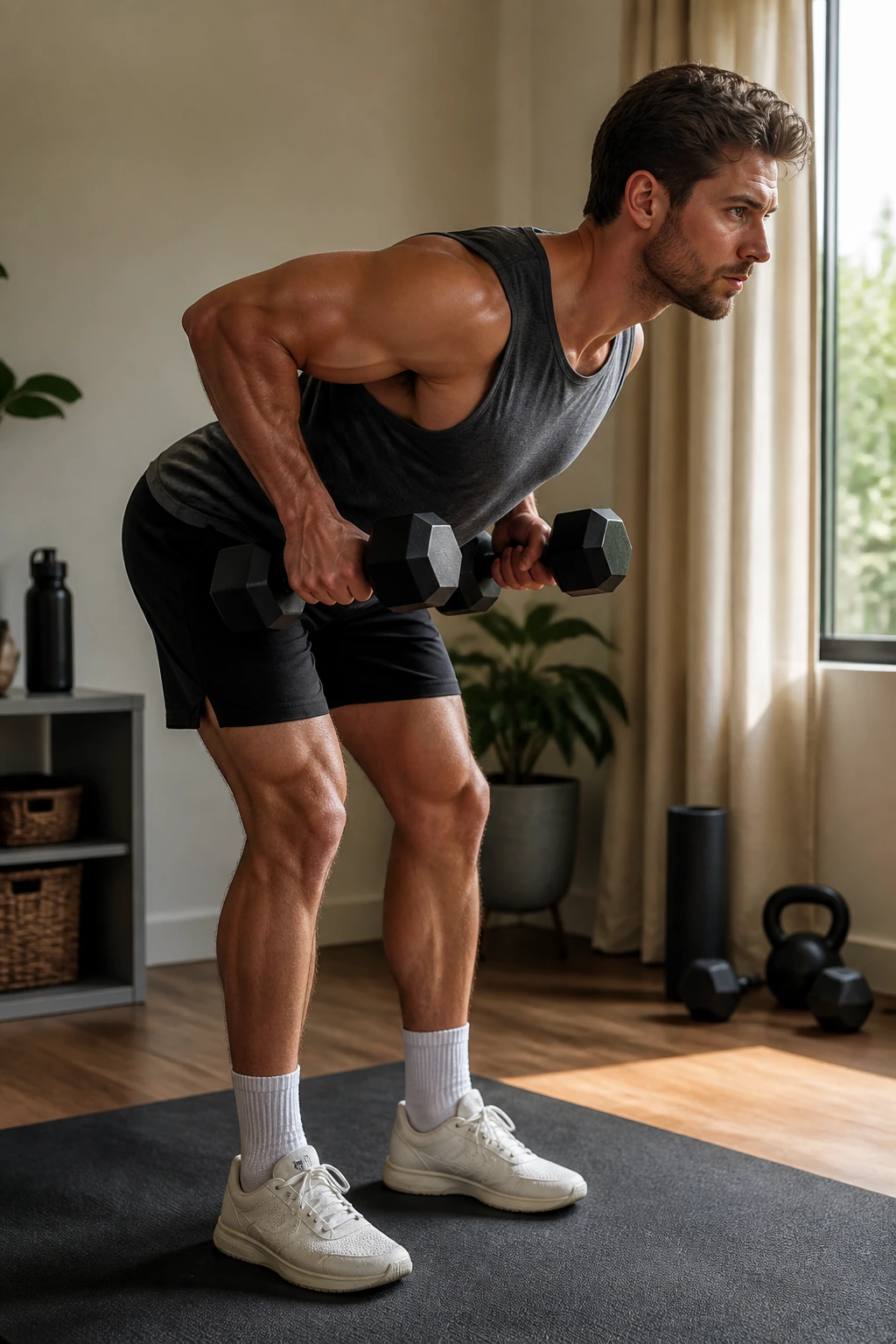 Person performing a bent-over row with two dumbbells in a home gym.