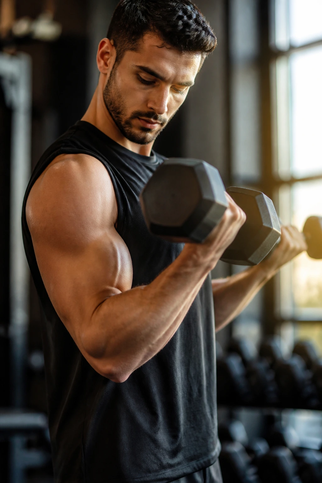 Close-up of a person performing a strict dumbbell biceps curl.