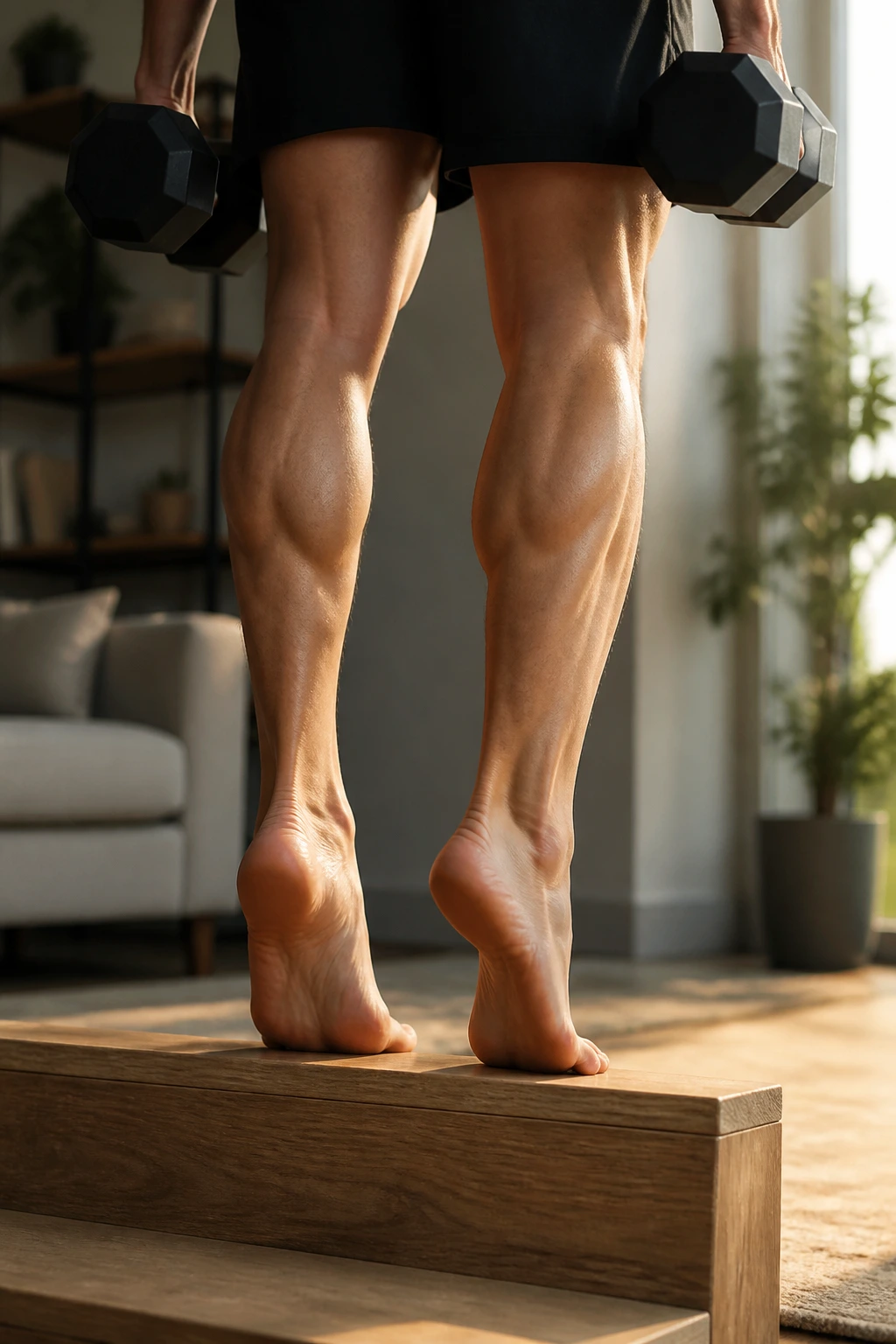 Side view of a person performing dumbbell calf raises on a step