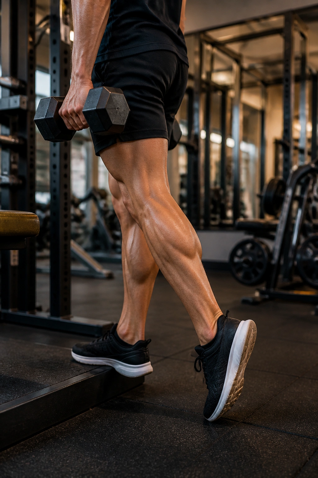 Unilateral dumbbell calf raise in gym showing engaged calf