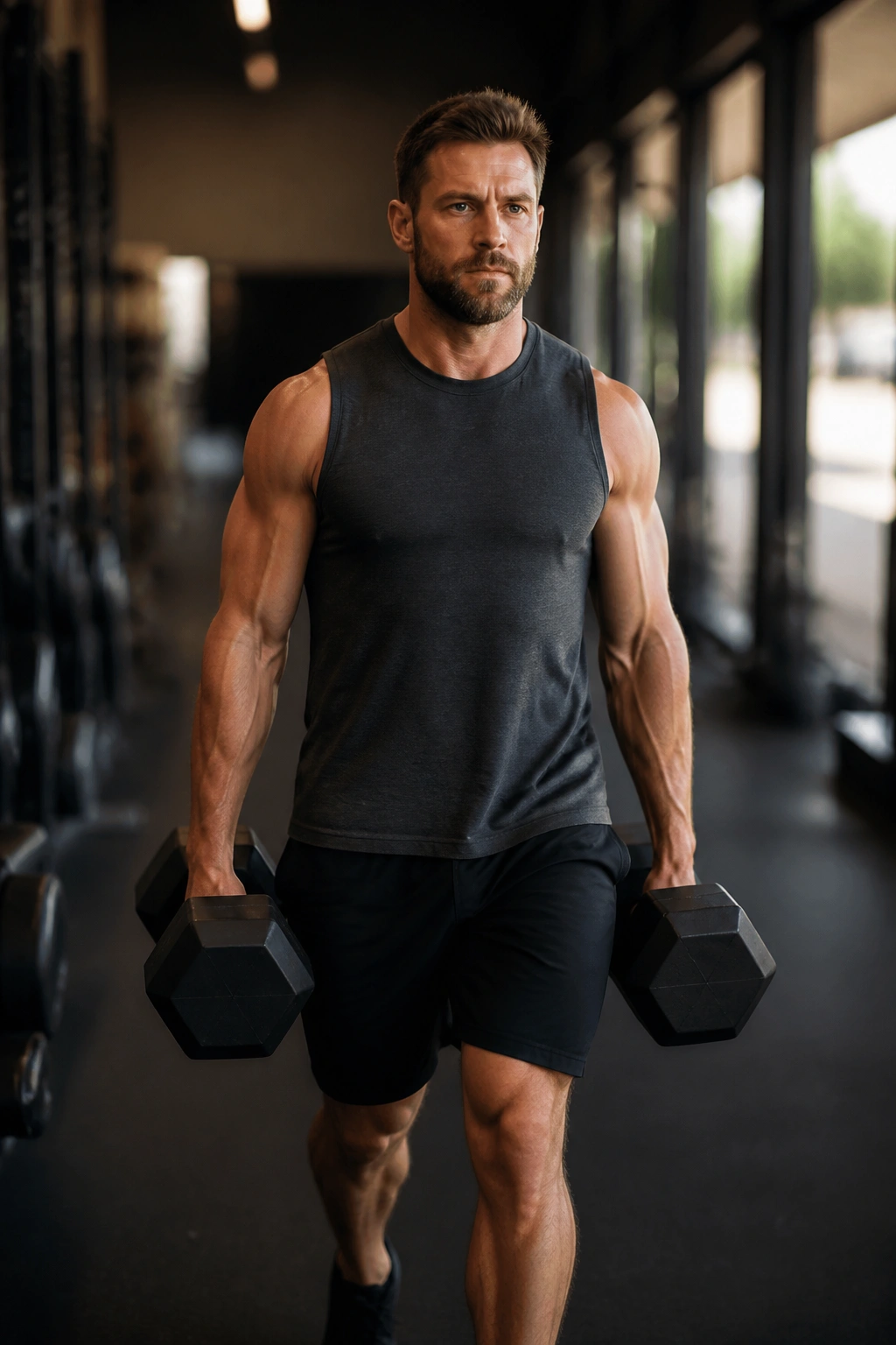Lifter in gym doing dumbbell farmer's carry