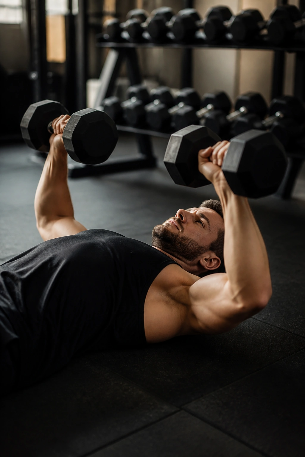 Lifter performing a dumbbell chest finisher circuit on the floor