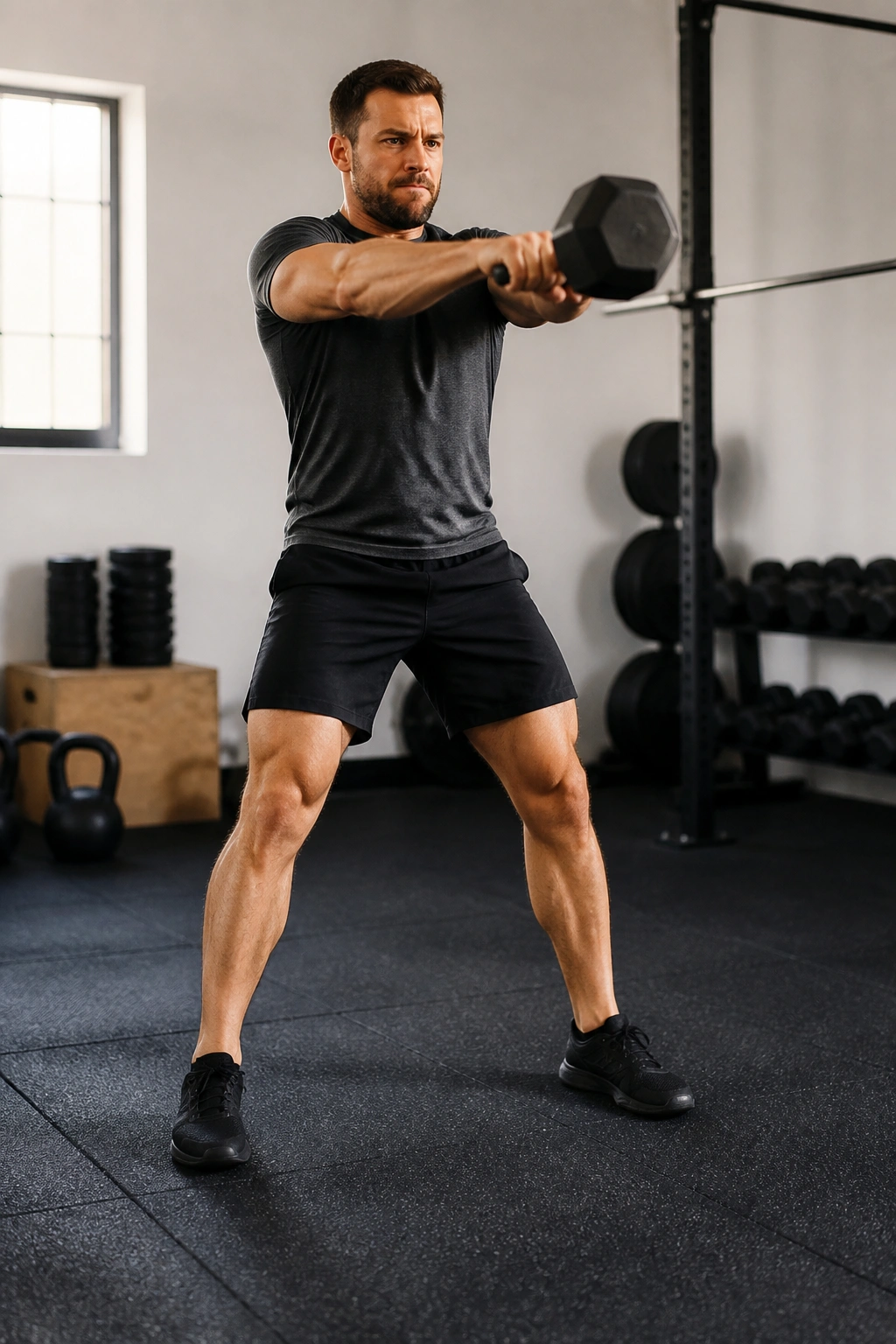 Person performing a dumbbell swing in a small gym during a circuit