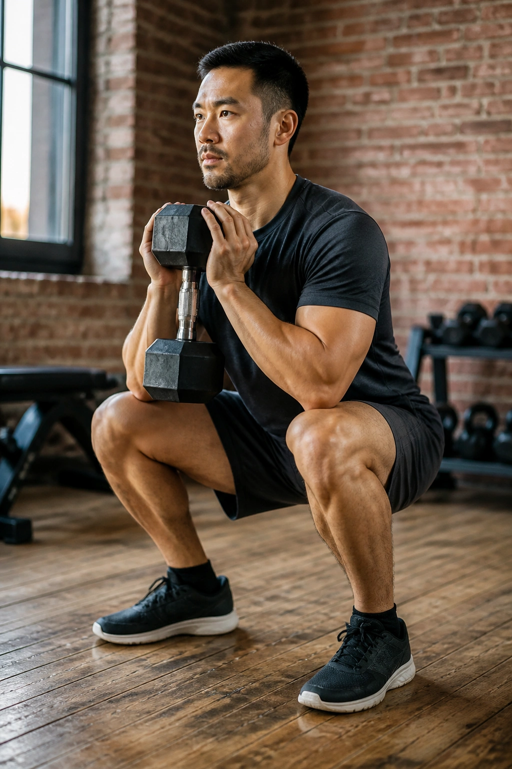 Medium-close shot of a person performing goblet squat with a dumbbell in a gym.