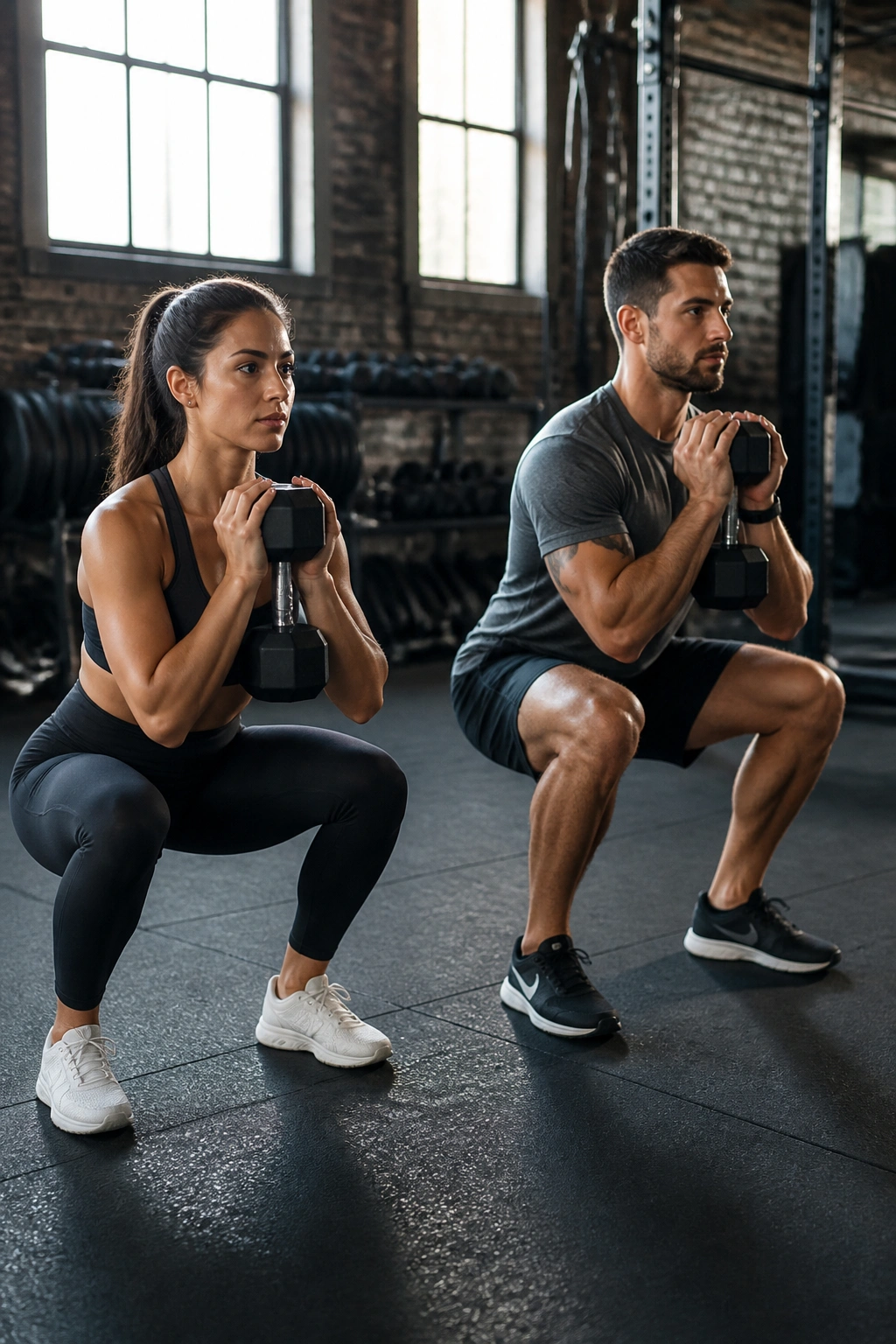 Two people performing a mirrored goblet squat dumbbell circuit in a gym