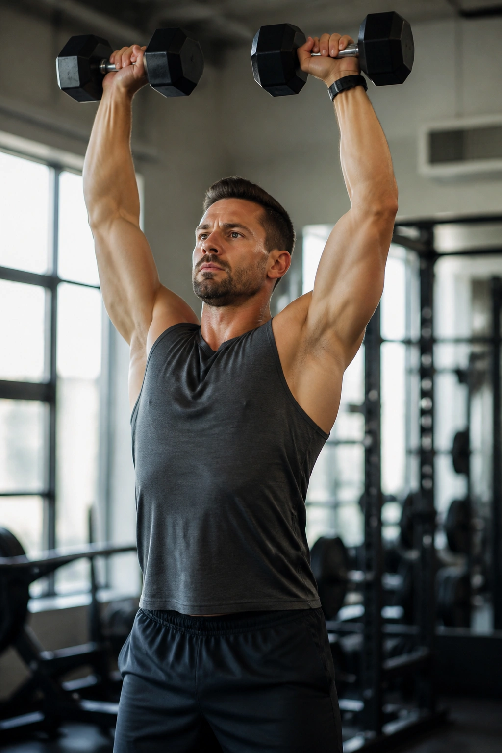 Person performing dumbbell clean and press in gym