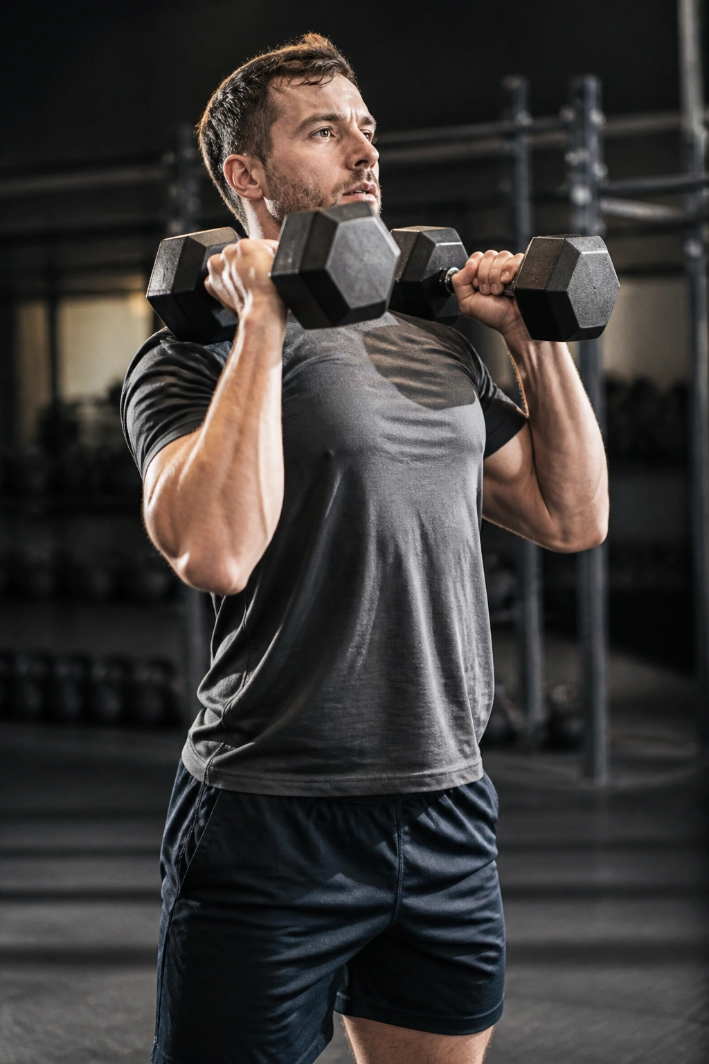 Person performing dumbbell clean in gym setting