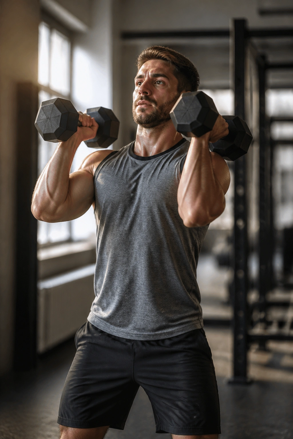Medium-close action shot of dumbbell clean to overhead in a gym
